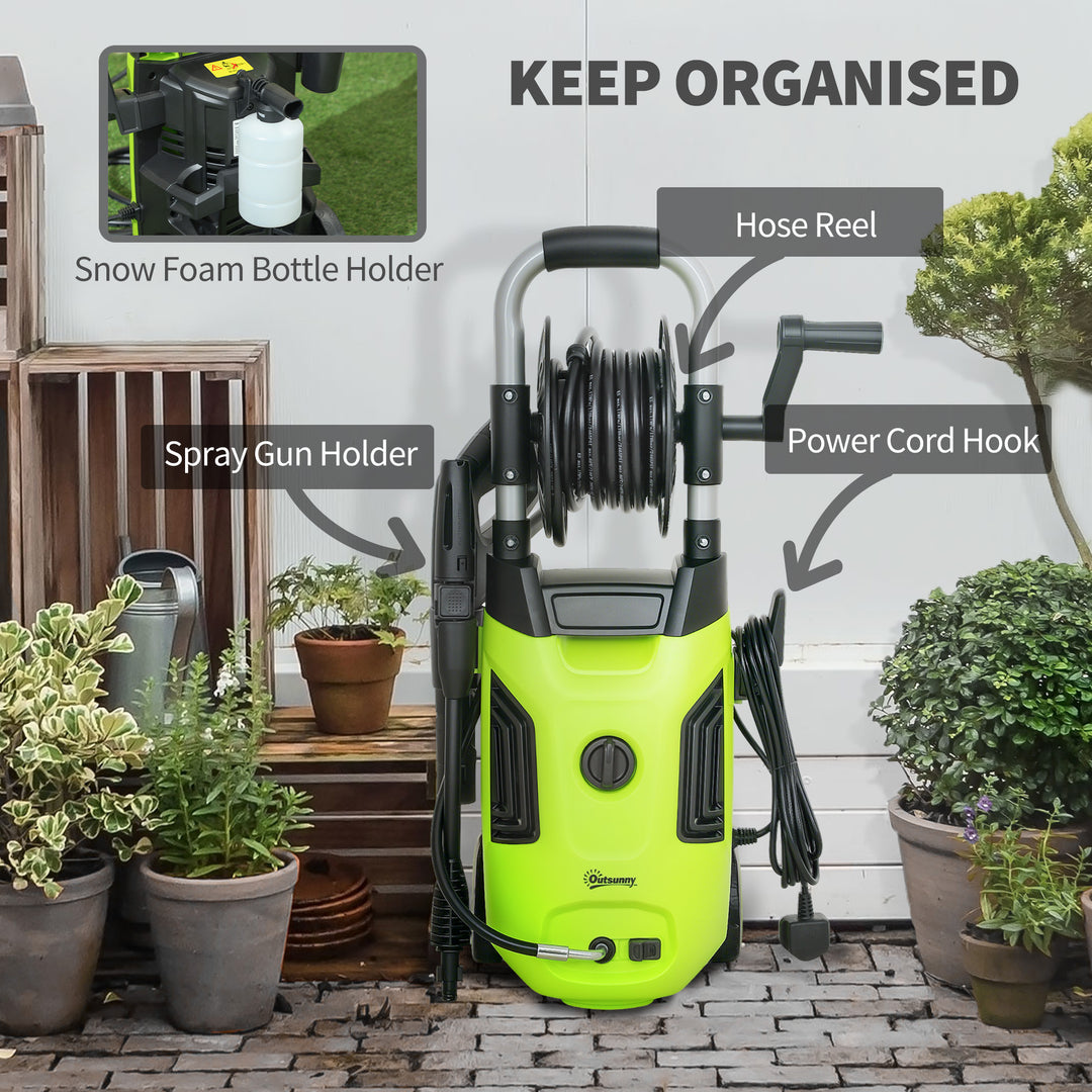 1800W High Pressure Washer, 150 Bar Pressure, 420 L/h Flow, Portable Power Washer Jet Wash Cleaner with Adjustable Nozzle, 6M Hose, Hose Reel, Steel Handle for Home Patio Car Driveway, Green