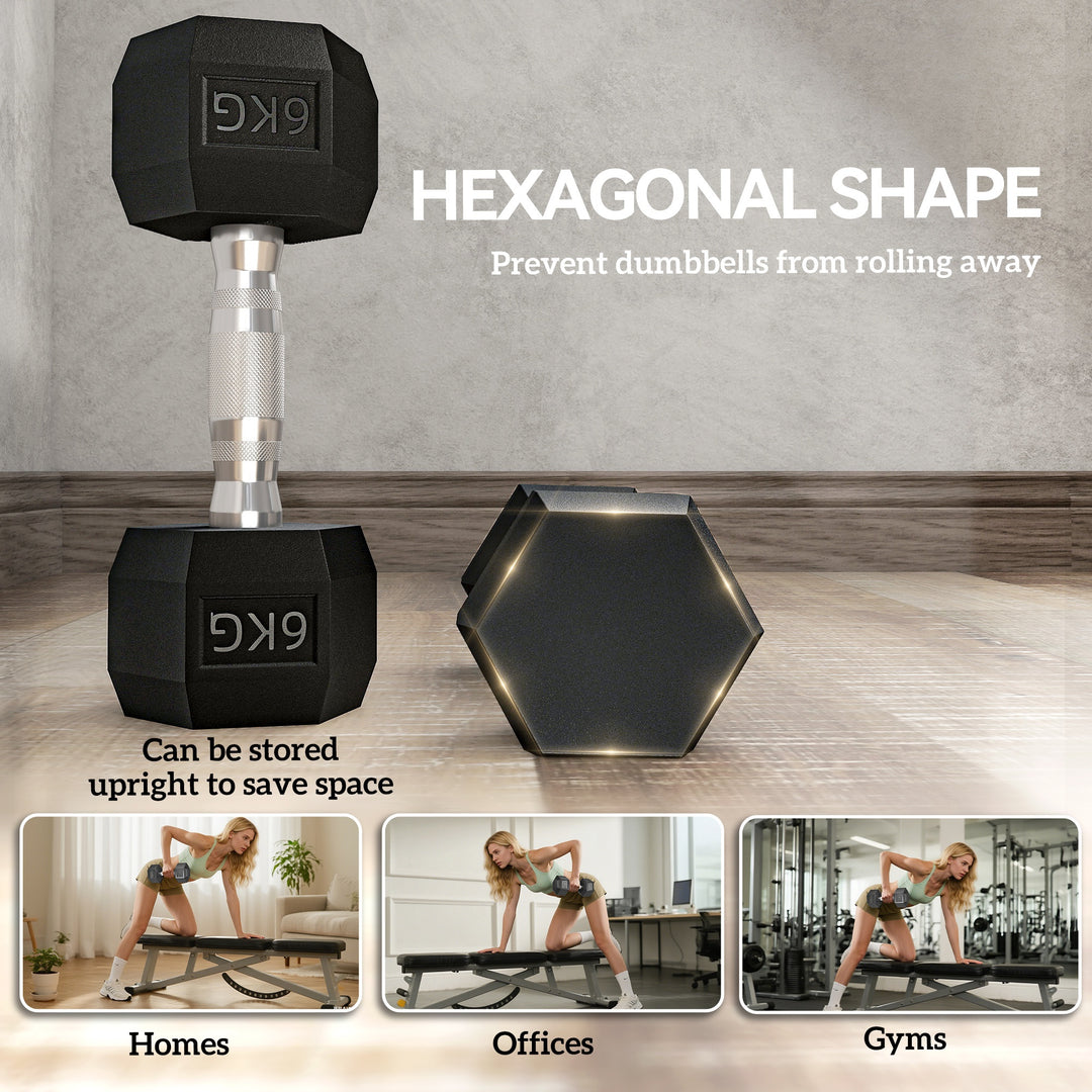 2x6kg Hex Dumbbells Set Rubber Dumbbells Weight Lifting Equipment Fitness Home Gym