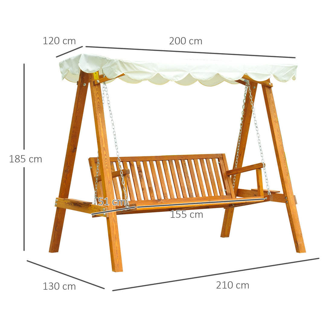 3 Seater Garden Swing Seat with Canopy, Wooden Swing Chair, Outdoor Hammock Bench for Balcony Patio Porch, Cream White