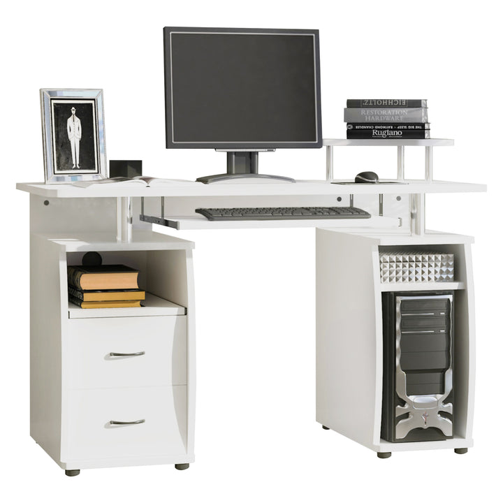 HOMCOM Computer Desk Office PC Table Workstation with Keyboard Tray, CPU Shelf, Drawers, Sliding Scanner Shelf, White | Aosom UK