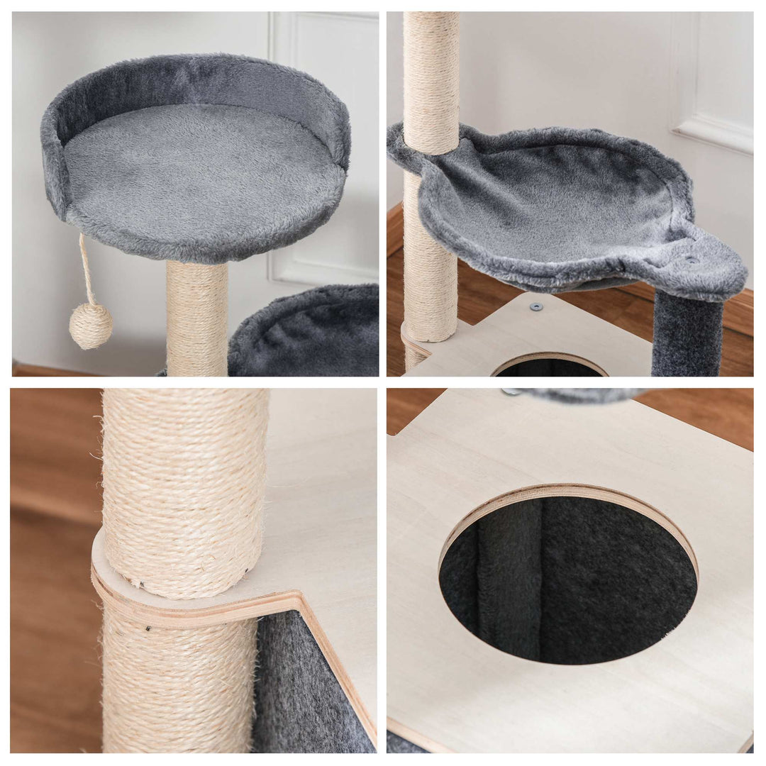 PawHut Cat Tower, 95cm Climbing Kitten Activity Centre with Sisal Scratching Posts, Perch, Spacious Condo, and Hammock, Grey | Aosom UK