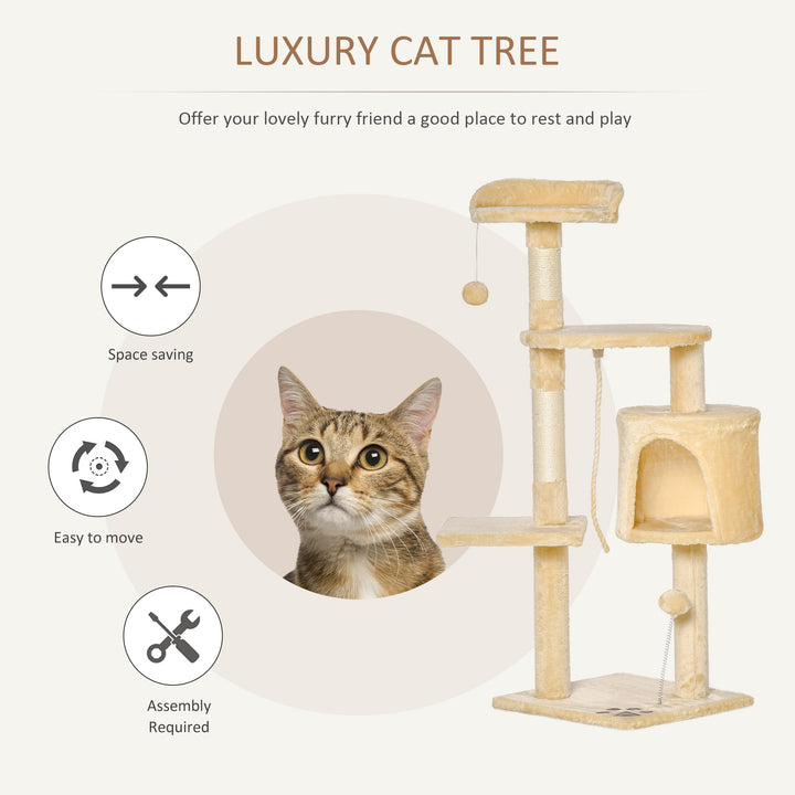 MCL Cat Tree for Indoor Cats Pet Activity Centre Kitty Condo Climbing Scratching Post with Toys 4-tier 114cm Tall Beige