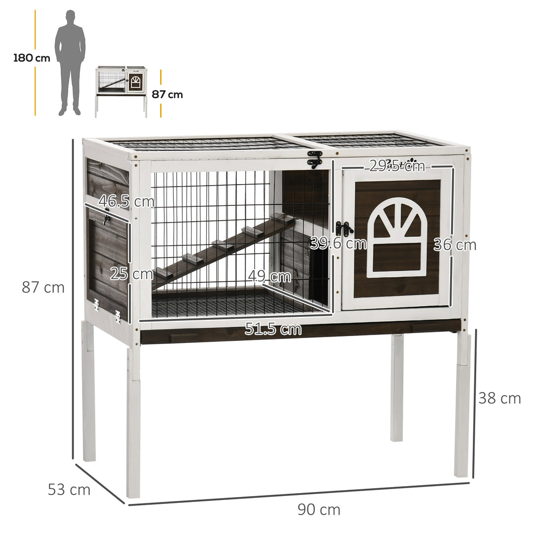 PawHut Wooden Rabbit Hutch with Openable Roof, Elevated Guinea Pig Cage with Ladder, Small Animal House w/ Slide-out Tray 90 x 53 x 87cm Coffee Brown