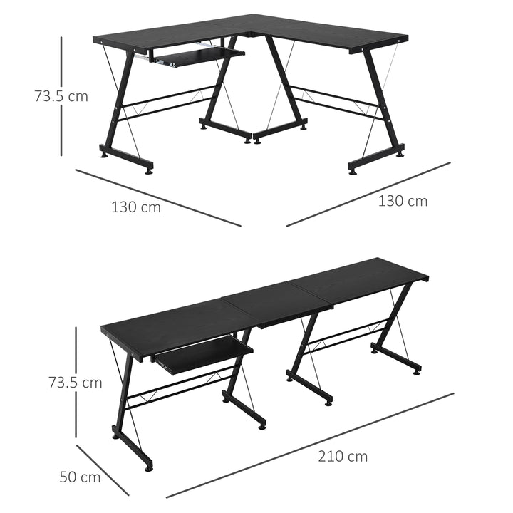 L Shaped Gaming Desk, Corner Computer Desk with Keyboard Tray, Work Table for Home Office, Study Workstation, 130 x 130 x 73.5cm, Black