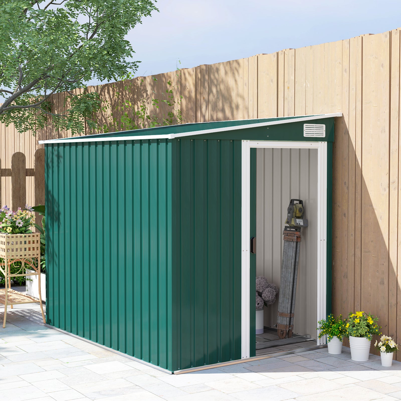 7 x 5ft Galvanised Metal Shed, with Sliding Door - Green
