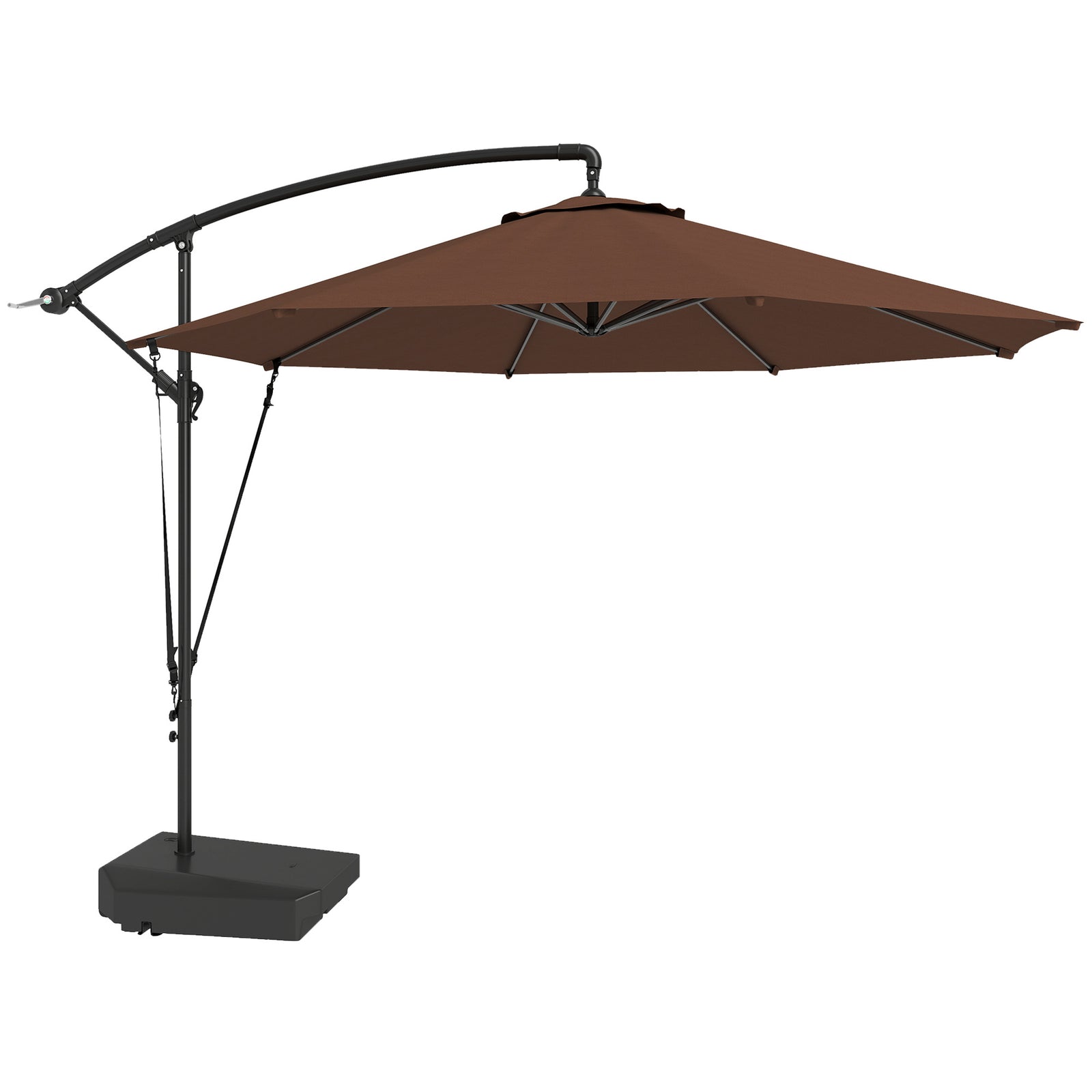 3(m) Garden Cantilever Parasol with Fillable Base up to 90kg, Wind Protection Strap, Cover, Round Banana Hanging Umbrella with Crank Handle and Tilt, UPF50+ Patio Umbrella, Brown