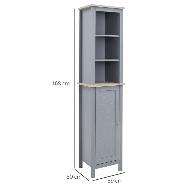 kleankin Tall Linen Cabinet: Freestanding Bathroom Storage with 3-Tier Shelf & Cupboard, Slim Side Organiser, Grey | Aosom UK