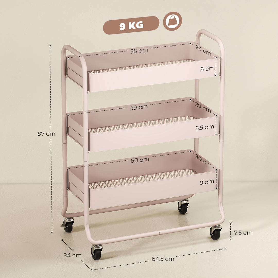 3-Tier Storage Trolley on Wheels, Rolling Utility Cart with Mesh Backets for Kitchen, Bathroom, Bedroom