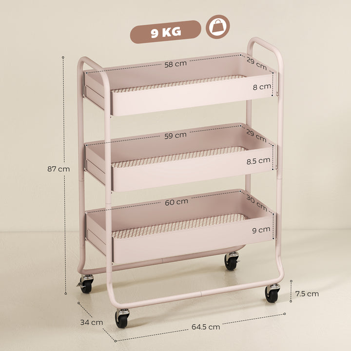 3-Tier Storage Trolley on Wheels, Rolling Utility Cart with Mesh Backets for Kitchen, Bathroom, Bedroom