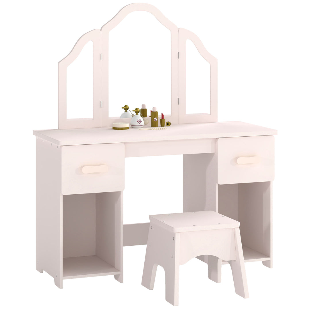 Kids Dressing Table, Kids Vanity Table and Chair Set with Tri-Folding 