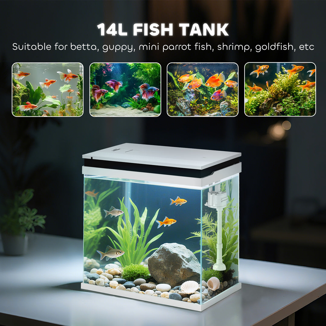 14L Glass Fish Tank With Filter System, LED Lights, Water Pump, White