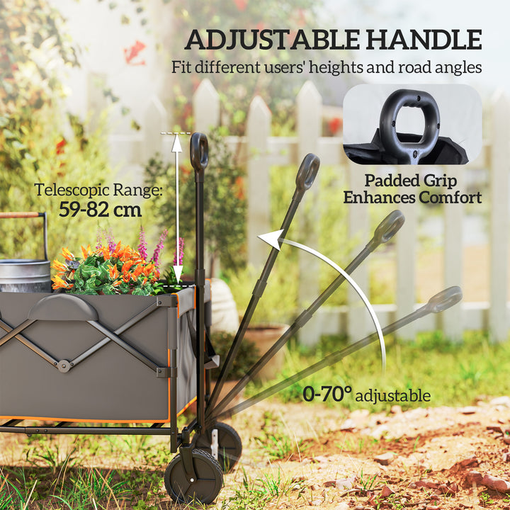 160L Festival Trolley on Wheels, Folding Camping Trolley Cart w/ Tailgate, 100kg Heavy Duty Garden Collapsible Folding Wagon w/Adjustable Handle, Carry Bag for Beach Picnic, Grey and Orange