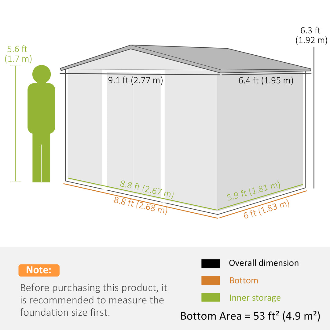 9 x 6ft Steel Garden Shed, Outdoor Storage Tool House with Vents, Foundation and Lockable Double Doors, Brown