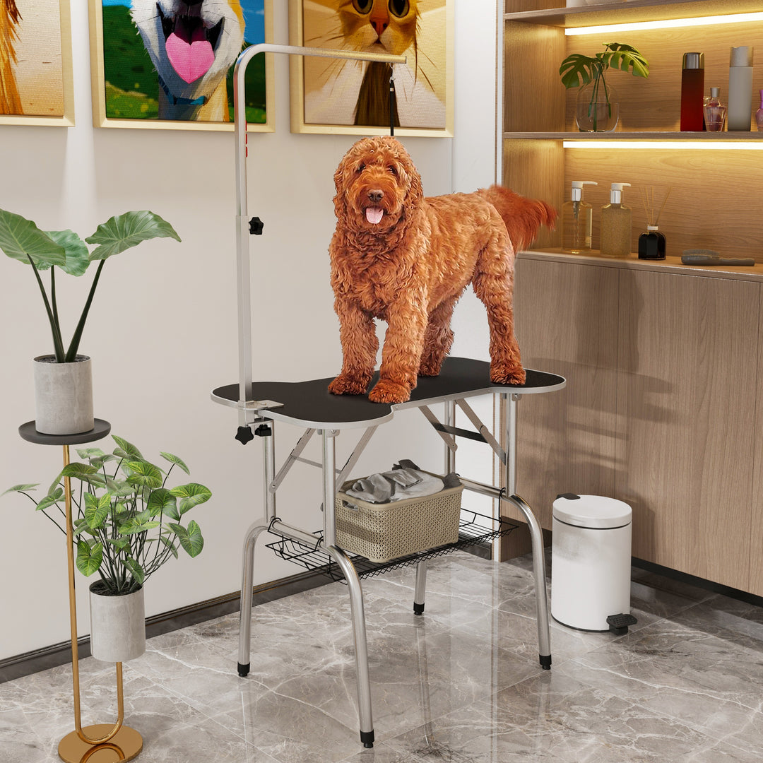 MCL Foldable Dog Grooming Table Pet Drying Table with Adjustable Arm Non-Slip Rubber Tabletop Aluminium Alloy Edge Stainless Steel Bar Sling 94.5 x 55 x 81cm Black