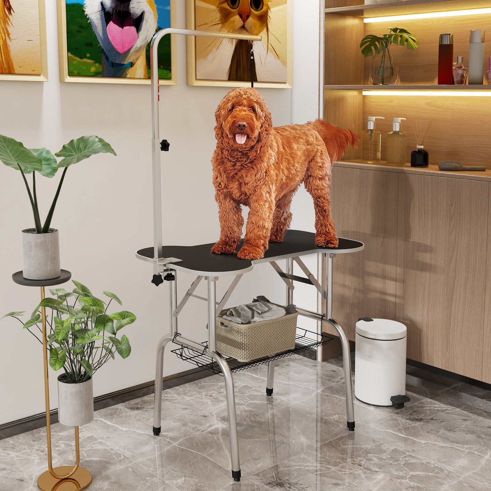 Foldable Dog Grooming Table Pet Drying Table with Adjustable Arm Non-Slip Rubber Tabletop Aluminium Alloy Edge Stainless Steel Bar Sling 94.5 x 55 x 81cm Black