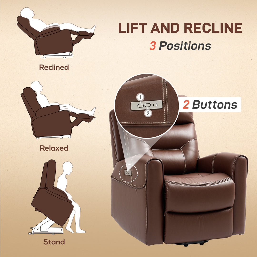 Power Lift Recliner Chair for Elderly, Overstuffed Faux Leather Riser and Reclining Chair with USB A+C Ports, Remote Control, Recliner Armchair for Living Room, Brown