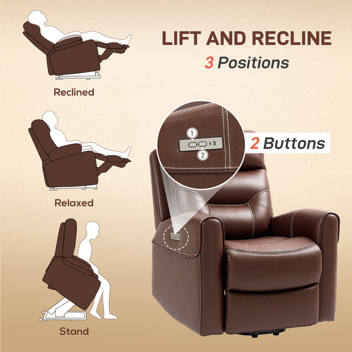 Power Lift Recliner Chair for Elderly, Overstuffed Faux Leather Riser and Reclining Chair with USB A+C Ports, Remote Control, Recliner Armchair for Living Room, Brown