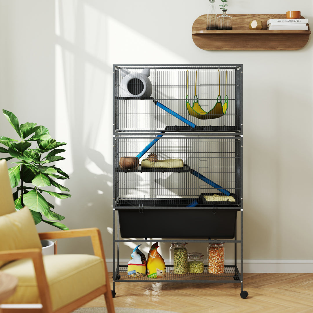 5 Levels Rolling Small Animal Cage with Non Slip Ramps, Slide Out 16cm Deep Tray, 88 x 48 x 150.5cm, Dark Grey