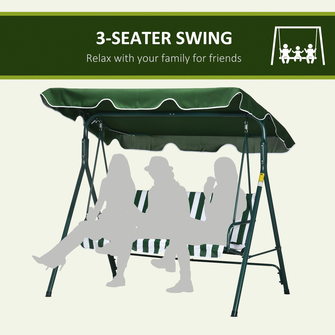 Outsunny 3 Seater Garden Swing Chair with Adjustable Canopy, Steel Frame, Padded Seat, Green