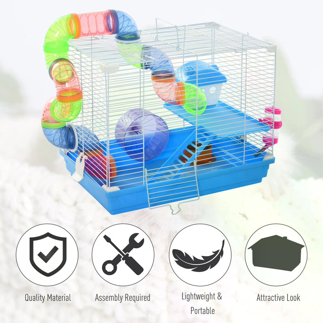 Pawhut 2 Tier Hamster Cage Carrier Habitat Small Animal House with Exercise Wheels Tunnel Tube Water Bottle Dishes for Dwarf Mice, Blue | Aosom UK