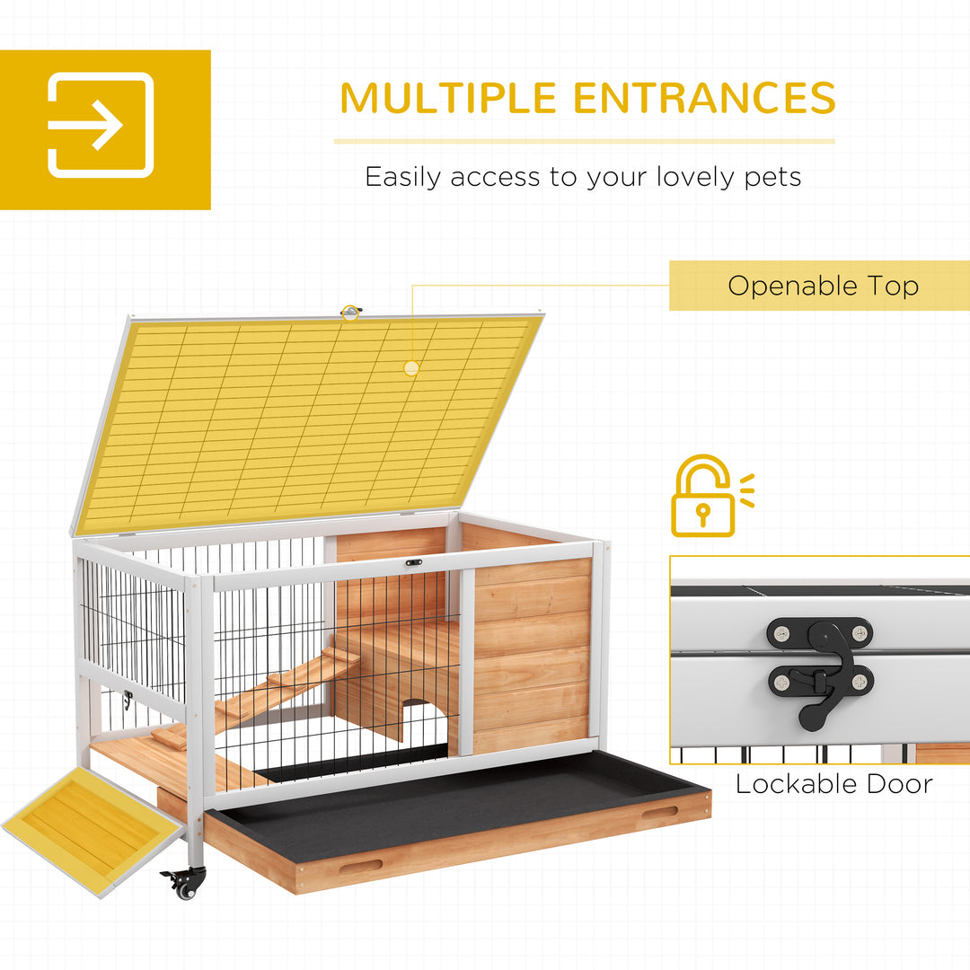 PawHut Wooden Indoor Rabbit Hutch, 2-Floor Bunny Cage w/ Enclosed Run Area, Yellow