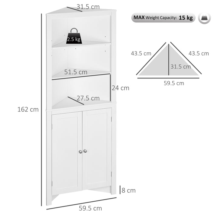Triangle Bathroom Cabinet, Corner Bathroom Storage Unit with Cupboard and 3-Tier Shelves, Free Standing, White