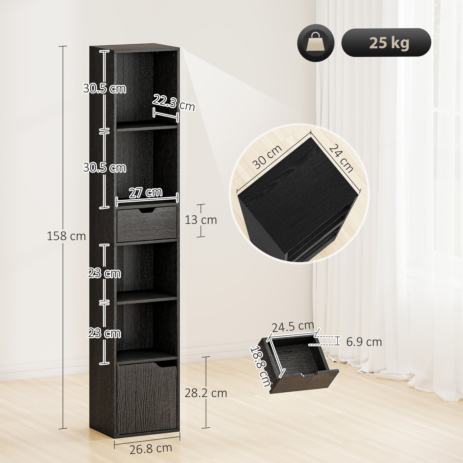 6-Tier Bookcase, Tall Narrow Bookshelf with Drawer and Door - Black