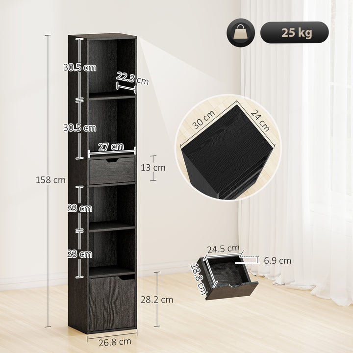 6-Tier Bookcase, Tall Narrow Bookshelf with Drawer and Door - Black
