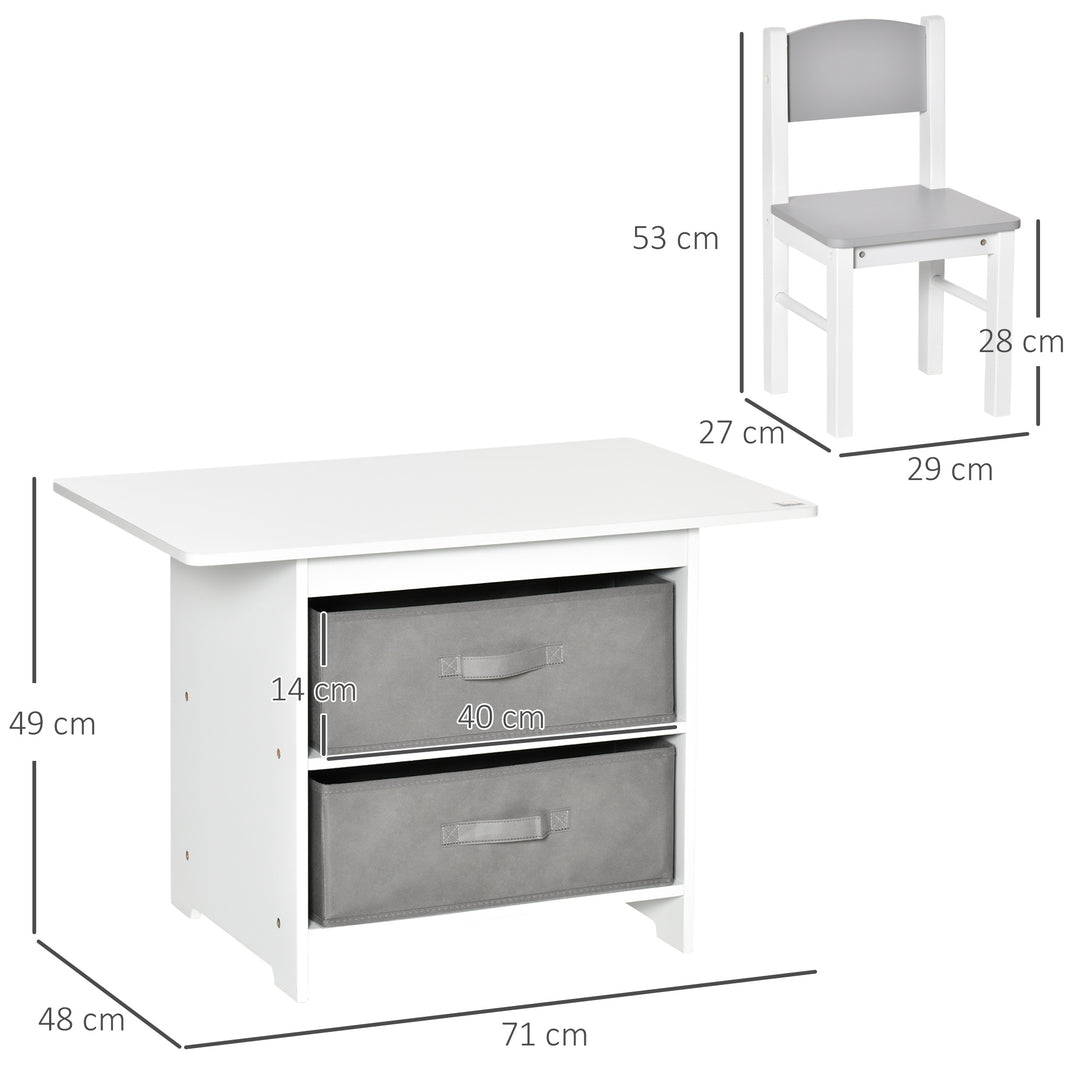 HOMCOM 3 Pcs Kids Table & Chairs Set Mini Seating Furniture Home Playroom w/ Storage Drawers Safe Corners for 2-4 Years old White | Aosom UK