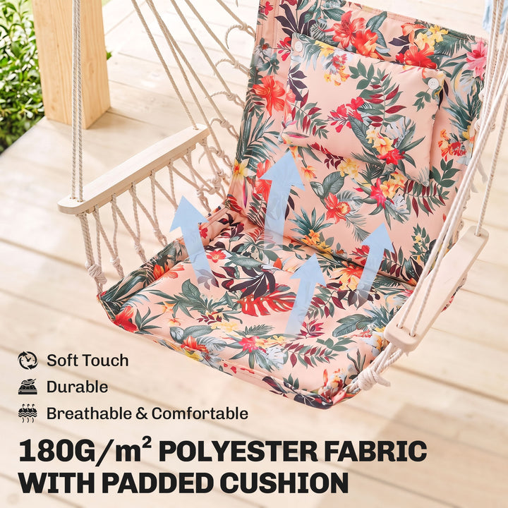 Garden Outdoor Hanging Hammock Chair Thick Rope Frame Wooden Arms Safe