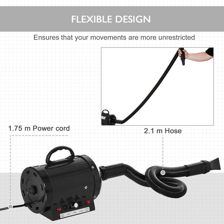 Dog Hair Dryer Pet Grooming Blaster Dryer Blower Adjustable Temperature Speed with 2.1M Flexible Hose 3 Nozzles - Black