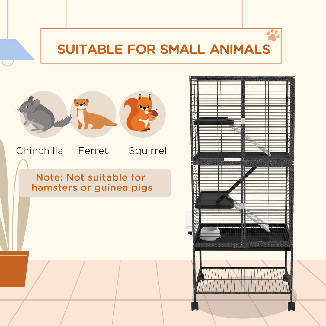 PawHut Rolling Chinchilla Cage, Small Animal Cage for Ferrets w/ Three Doors, Storage, Shelf, Tray Tray, Bowl, Water Bottle