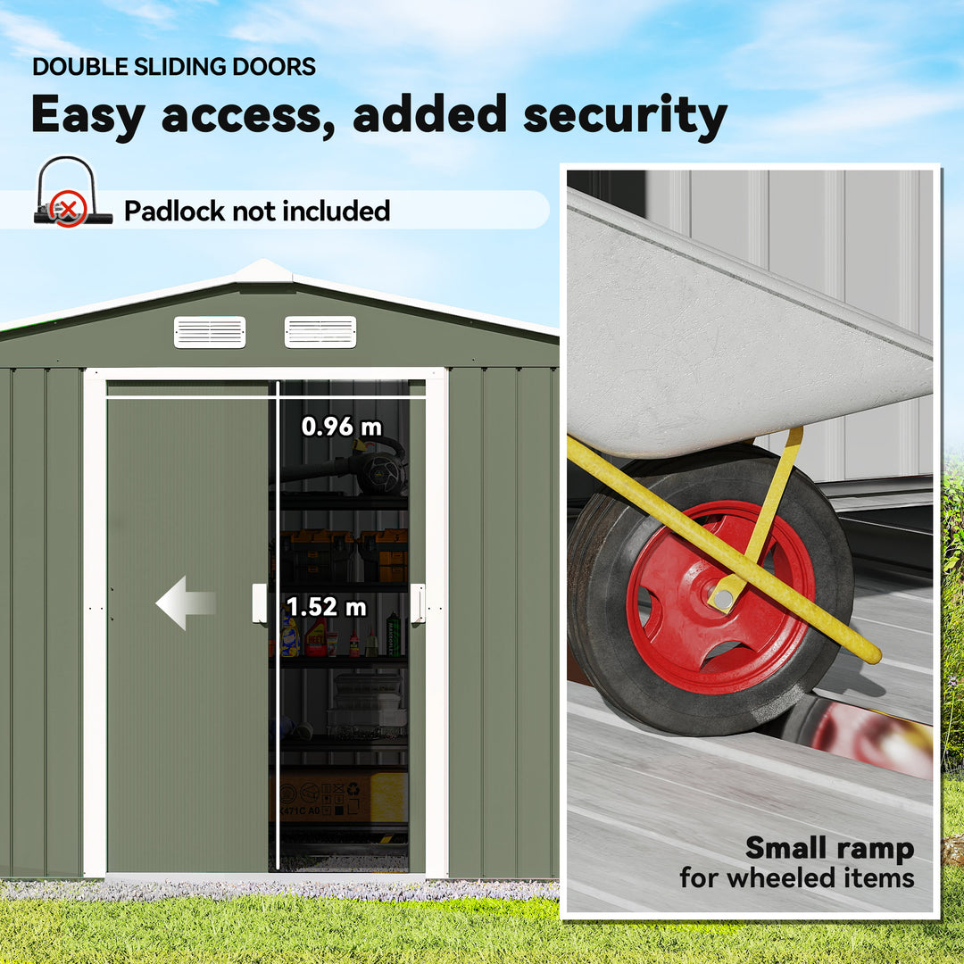 9 x 6ft Metal Garden Shed, Outdoor Storage Tool House with Ventilation Slots, Foundation Kit and Lockable Double Doors, Light Green