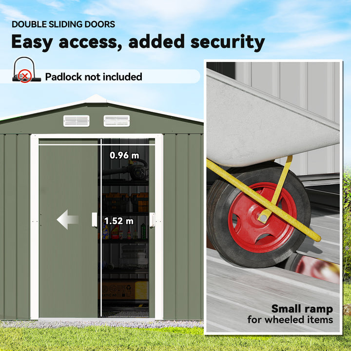 9 x 6ft Metal Garden Shed, Outdoor Storage Tool House with Ventilation Slots, Foundation Kit and Lockable Double Doors, Light Green