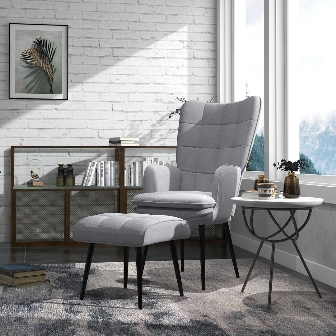 HOMCOM Armchair with Footstool, Living Room Chair, Linen Accent Chair for Bedroom, Home Study, Light Grey