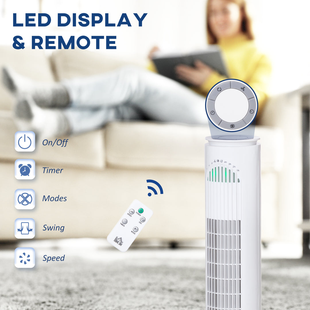 30'' Freestanding Tower Fan, 3 Speed 3 Mode, 10h Timer, 70 Degree Oscillation, LED Light, 5M Remote Controller, White