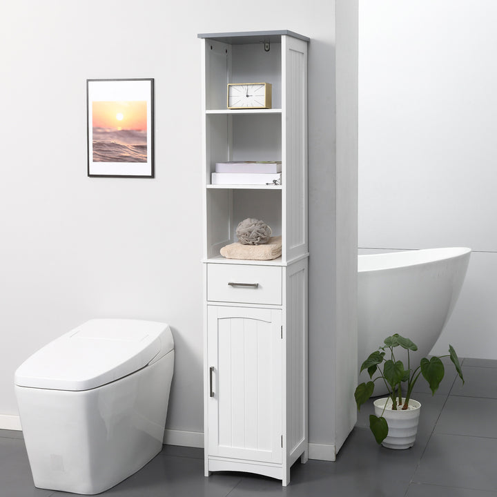 Kleankin Tall Linen Tower Bathroom Cabinet, 3 Tier Shelf with Cupboard & Drawer, Slim Side Freestanding Organizer, White | Aosom UK