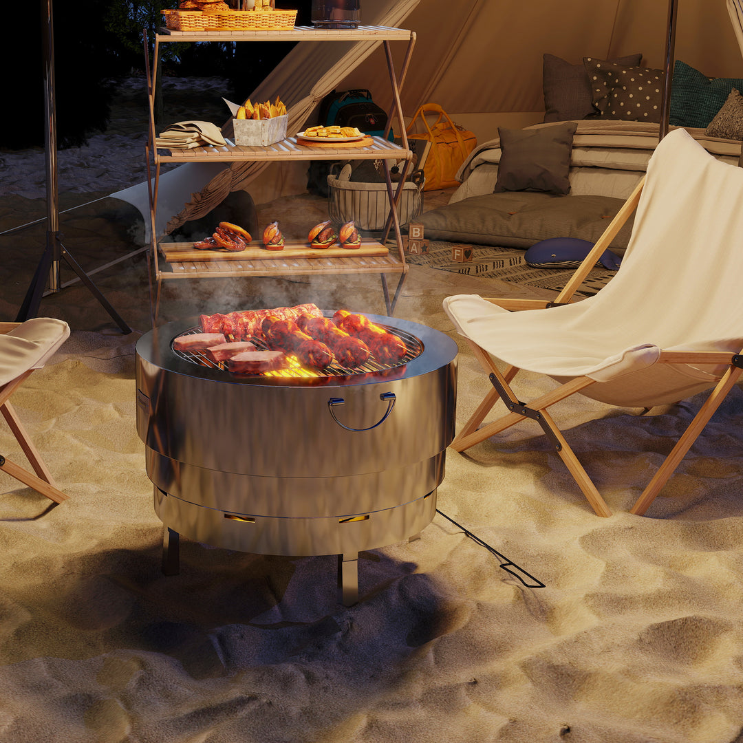 Stainless Steel Wood-burning Fire Pit with Fire Poker - Silver
