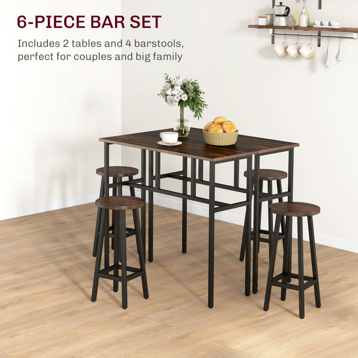 6-Piece Bar Table Set, Counter Height Kitchen Dining Set with 2 High Tables & 4 Stools, Space Saving Compact Bar Furniture for Small Kitchens and Flats, Multiple Arrangements, Rustic Brown