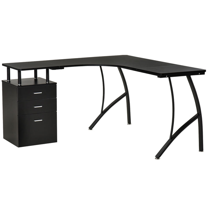 L-Shaped Computer Desk Table with Storage Drawer, Home Office Desk Corner Industrial Style Workstation for A4 Files 143.5 x 143.5 x 76cm, Black