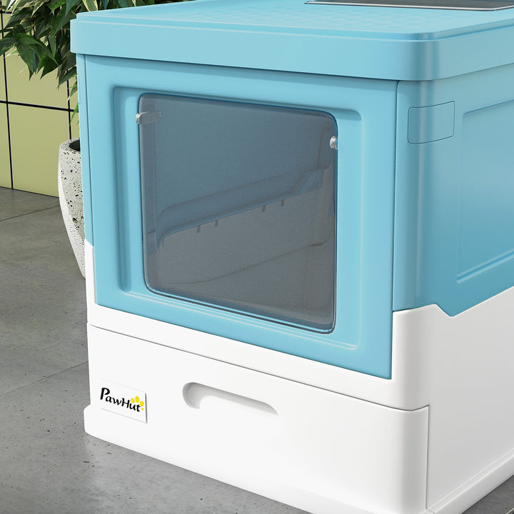 Hooded Cat Litter Box, Portable Pet Toilet, with Scoop, Front Entry - Light Blue