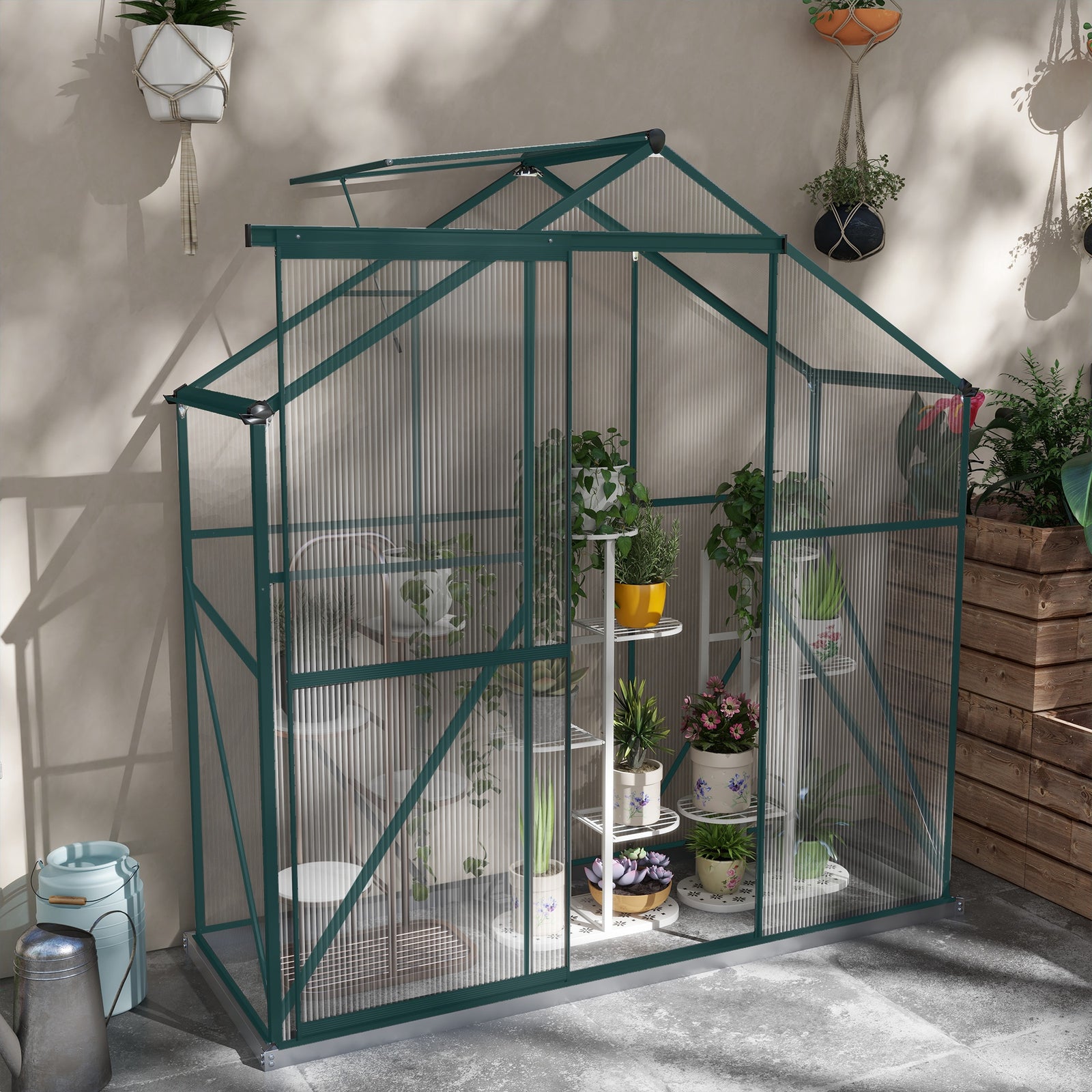 6 x 2.5ft Polycarbonate Greenhouse Walk-In Green House with Rain Gutter, Sliding Door, Window, Foundation, Green