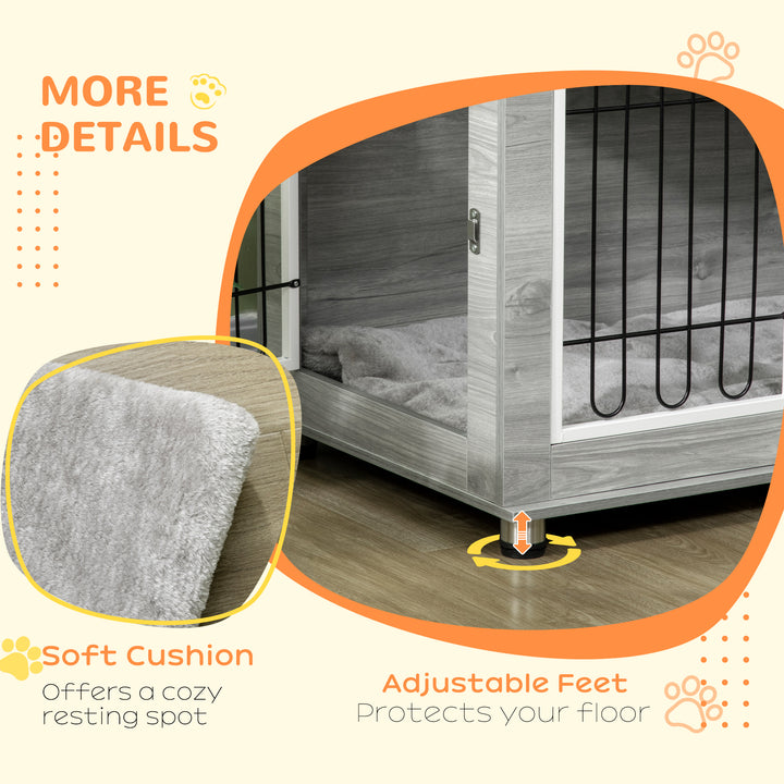Dog Crate Furniture End Table, with Washable Cushion, Double Doors, for Medium/Large Dogs, Grey