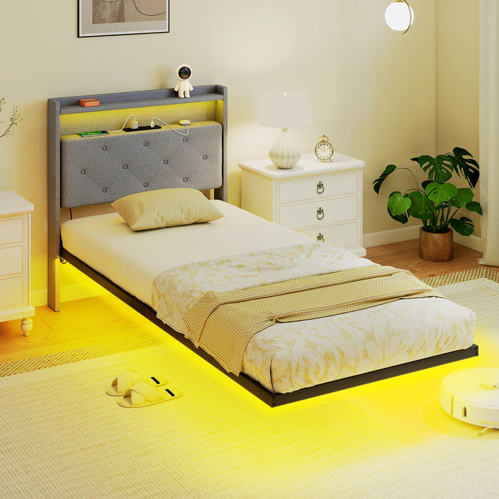 Floating Bed Frame, Upholstered 3ft Single Size Bed, Platform Bed with