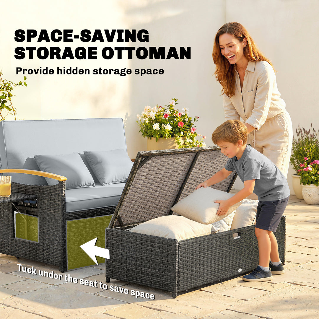 Double Garden Rattan Daybed, Wicker Sun Bed Chaise Lounger with Storag