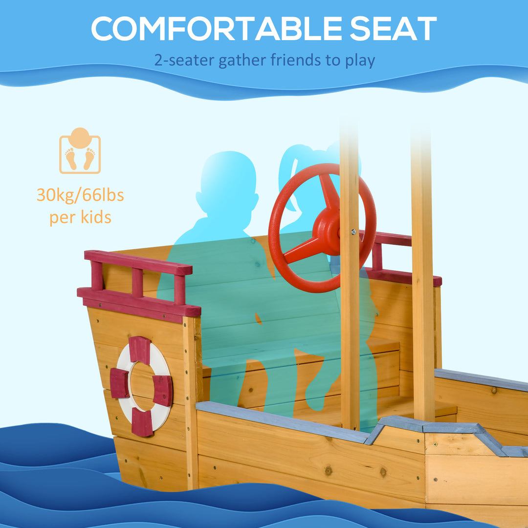 Kids Wooden Sand Pit Children Sandbox Pirate Ship Sandboat Play Station for Outdoor w/ Canopy Shade Storage Bench Bottom Liner