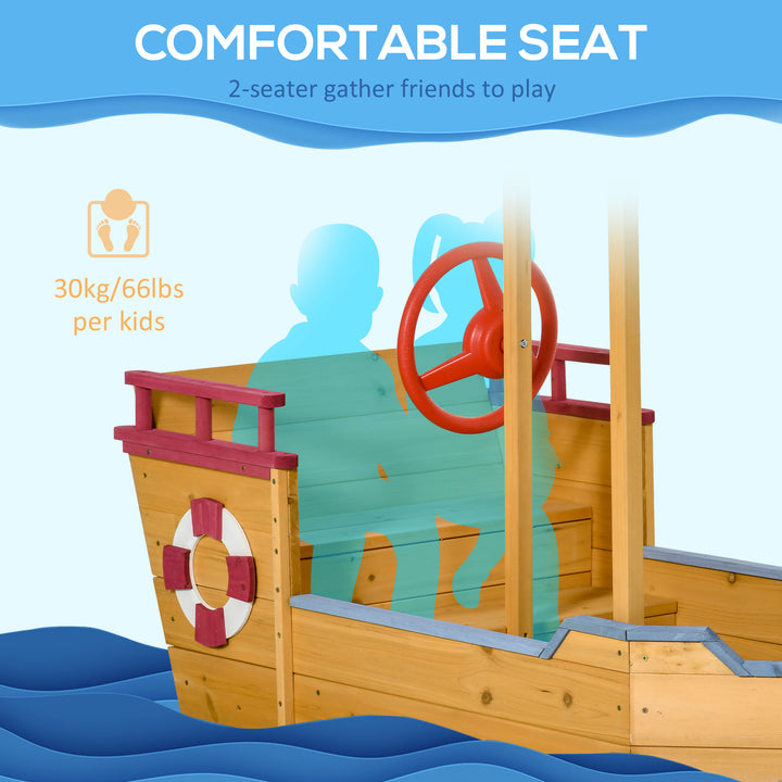 Kids Wooden Sand Pit Children Sandbox Pirate Ship Sandboat Play Station for Outdoor w/ Canopy Shade Storage Bench Bottom Liner