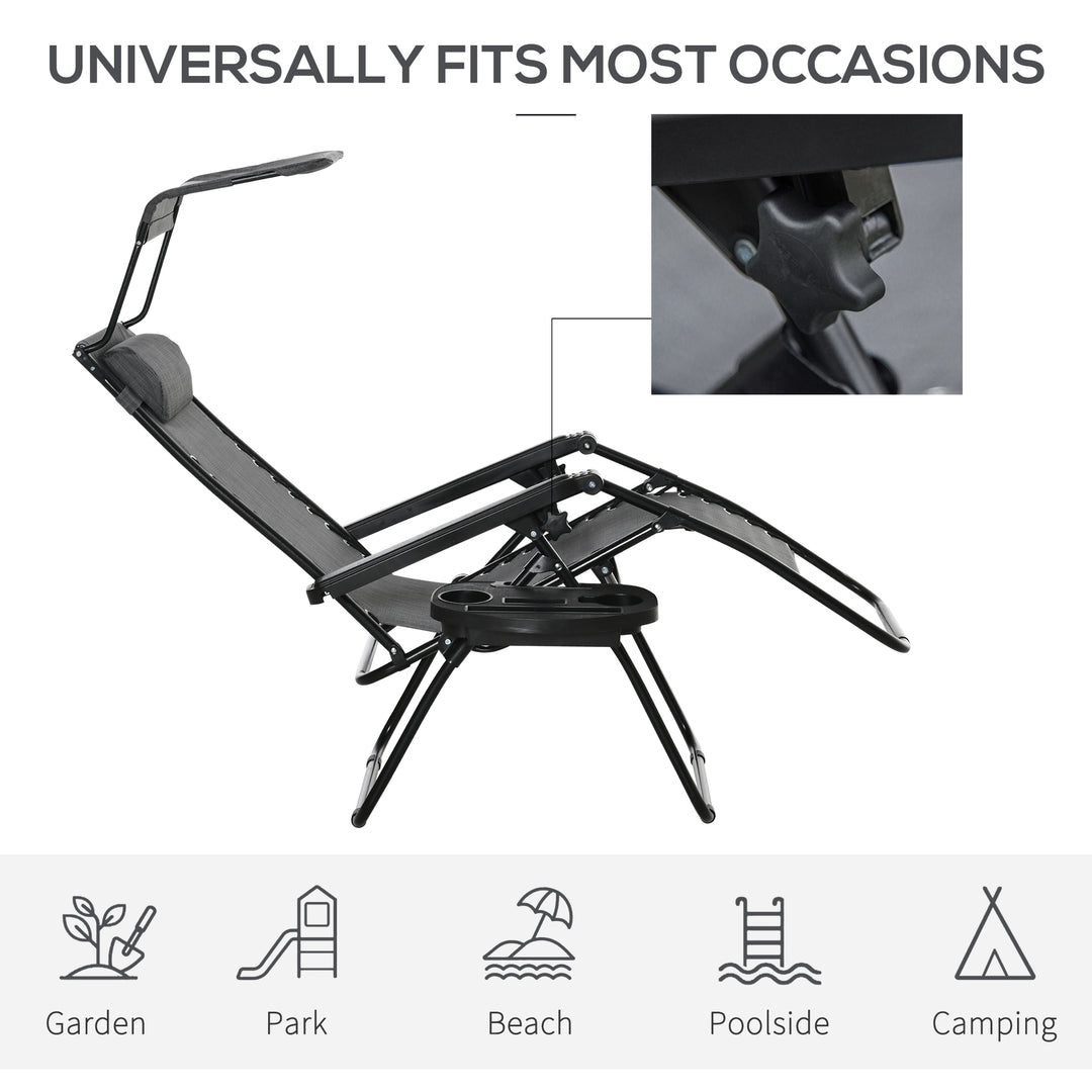 Foldable Reclining Garden Chair with Headrest, Zero Gravity Deck Sun Lounger Seat Chair with Footrest, Armrest, Cup Holder & Canopy Shade, Light Grey