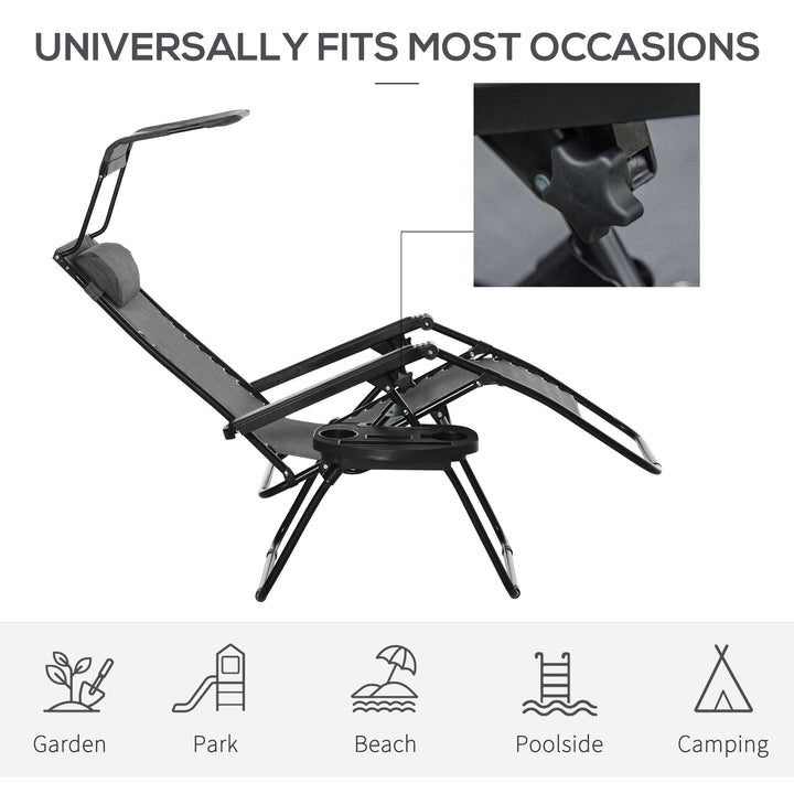 Foldable Reclining Garden Chair with Headrest, Zero Gravity Deck Sun Lounger Seat Chair with Footrest, Armrest, Cup Holder & Canopy Shade, Light Grey