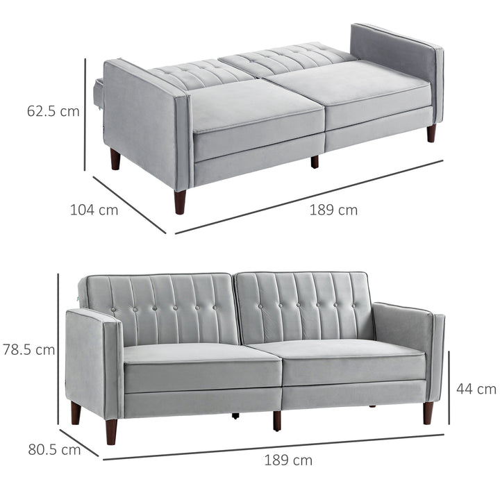 HOMCOM Modern Convertible Sofa Futon Velvet-Touch Tufted Couch Compact Loveseat with Adjustable Split Back, Light Grey